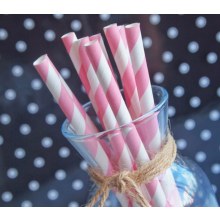 Açık Pembe Çizgili Karton Pipet 12'li